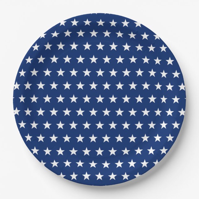 USA Flag Themed Stars Pattern Blue Paper Plate (Front)