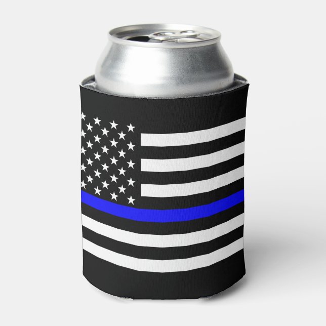 USA Flag Thin Blue Line Symbolic Memorial on a Can Cooler (Can Front)