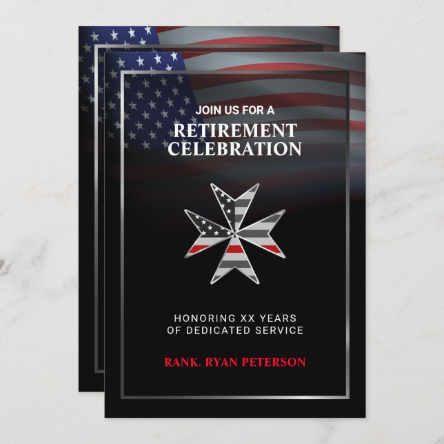 USA Flag | Thin Red Line Maltese Cross | Black Invitation (Front/Back)