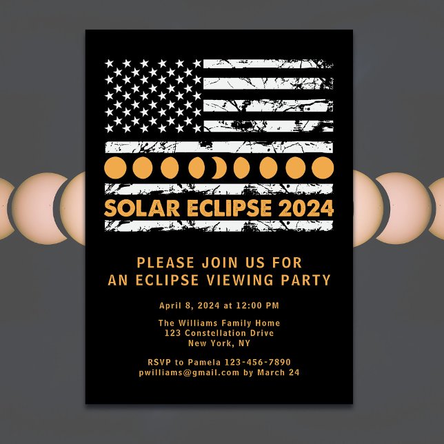 USA Flag Total Solar Eclipse 4/8/24 Viewing Party Invitation (Personalize with details of your event)
