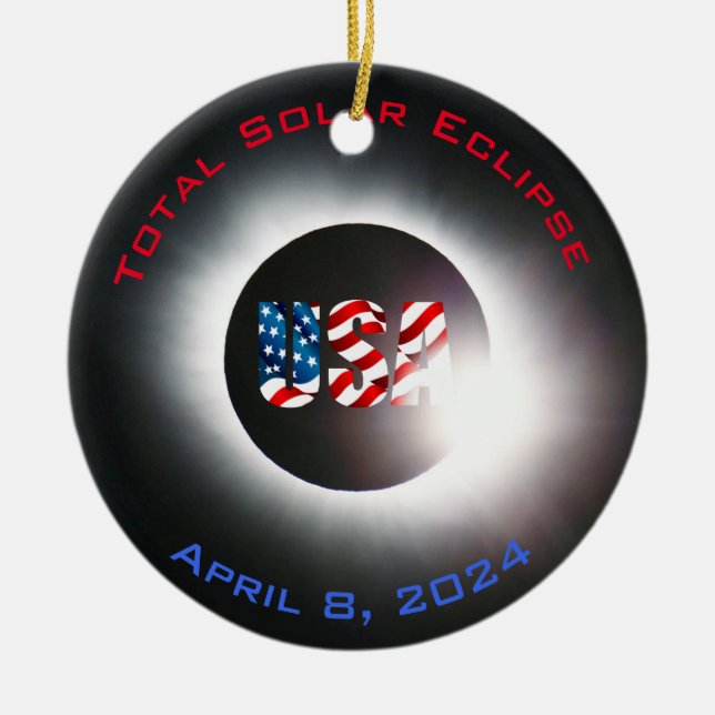 USA FLAG Total solar eclipse April 8, 2024 Ceramic Tree Decoration (Front)