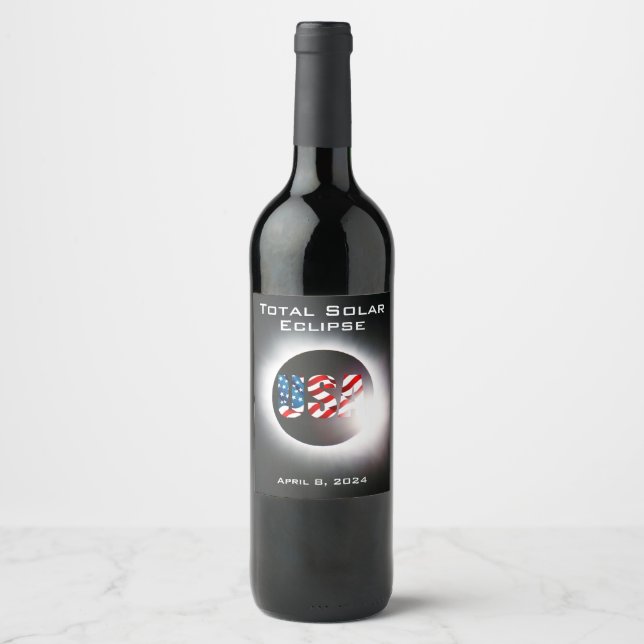 USA FLAG Total solar eclipse April 8, 2024 Wine Label (Front)