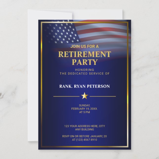USA Flag | Transparent | Gold Frame | Luxury Blue Invitation (Front)