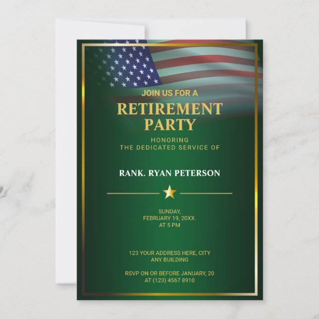 USA Flag | Transparent | Gold Frame | Luxury Green Invitation (Front)