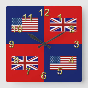 USA Flag & UK Flag Pattern Square Wall Clock