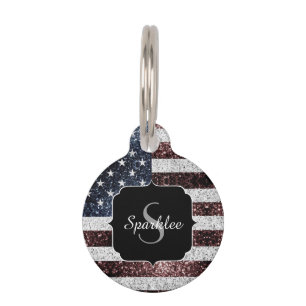 USA flag vintage red white blue sparkles Monogram Pet Tag