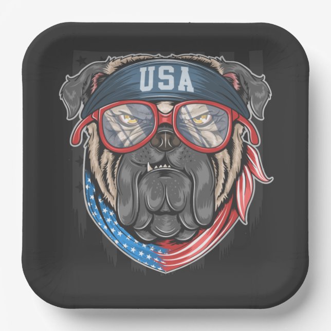 USA Flag with Pug   Paper Plate (Front)