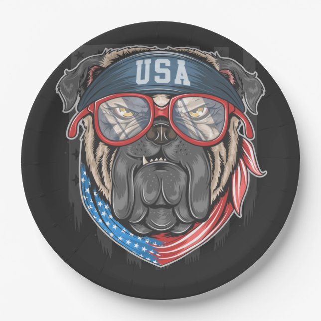 USA Flag with Pug    Paper Plates (Front)