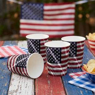 USA Flapping Flag Red, White Stripes, Starry Blue Paper Cups