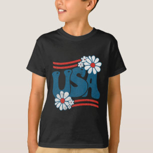 Usa Flower Patriotic 4th Of July Groovy American F T-Shirt