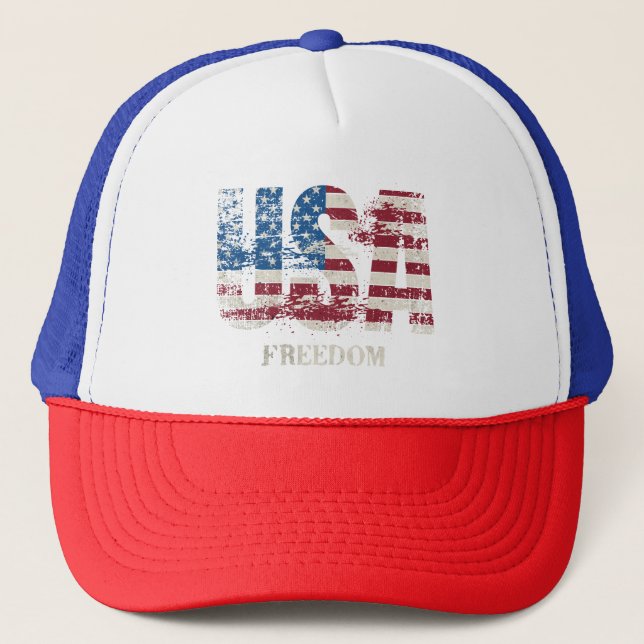 USA - FREEDOM  RED, WHITE, AND BLUE PATRIOTIC  TRUCKER HAT (Front)