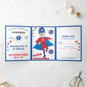 USA Girl Superhero Tremendous Birthday Tri-Fold Invitation