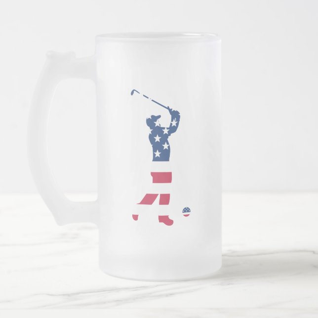 USA golf America flag golfer Frosted Glass Beer Mug (Left)
