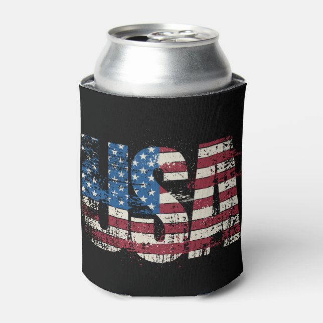 USA grunge text design with flag Can Cooler (Can Front)