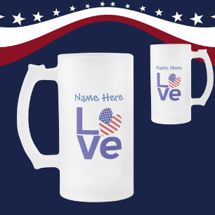 USA Heart Flag Blue LOVE Personalised Name  Frosted Glass Beer Mug