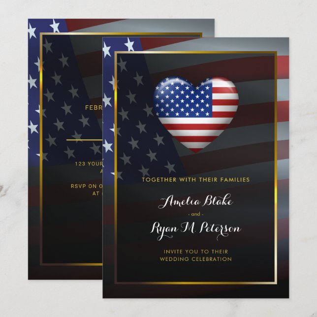 USA Heart Flag | Gold Frame | Luxury Wedding Invitation (Front/Back)