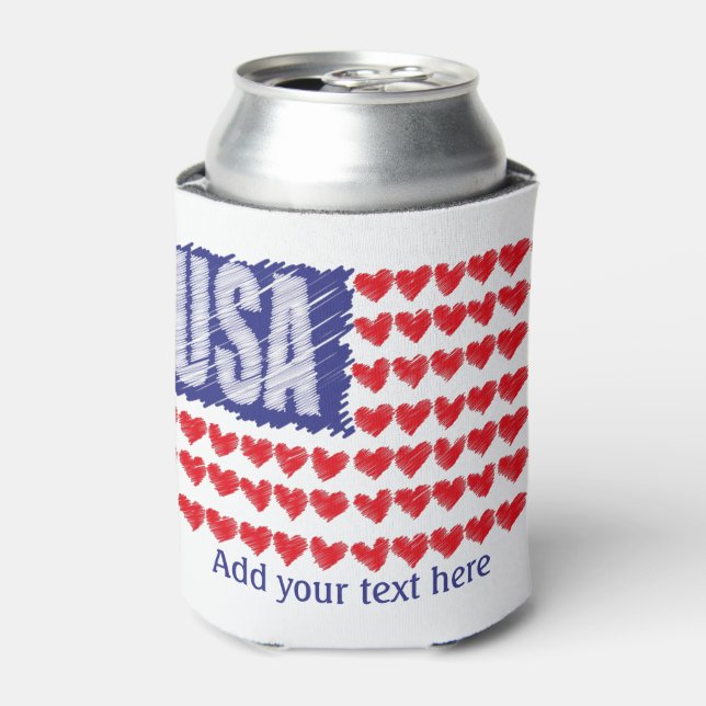 USA Hearts American Flag Can Cooler (Can Front)