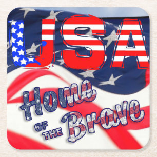 USA Home of the Brave Flag Square Paper Coaster