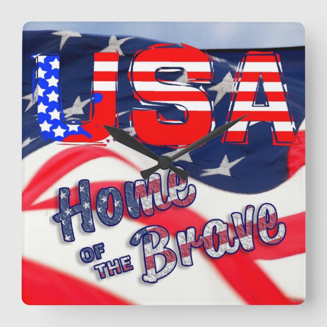 USA Home of the Brave Flag Square Wall Clock (Front)