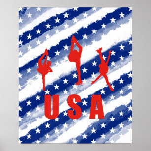 USA Ice Skating Modern White Blue Stars Stripes  Poster