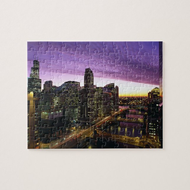 USA, IL, Chicago. Chicago skyline and river Jigsaw Puzzle (Horizontal)