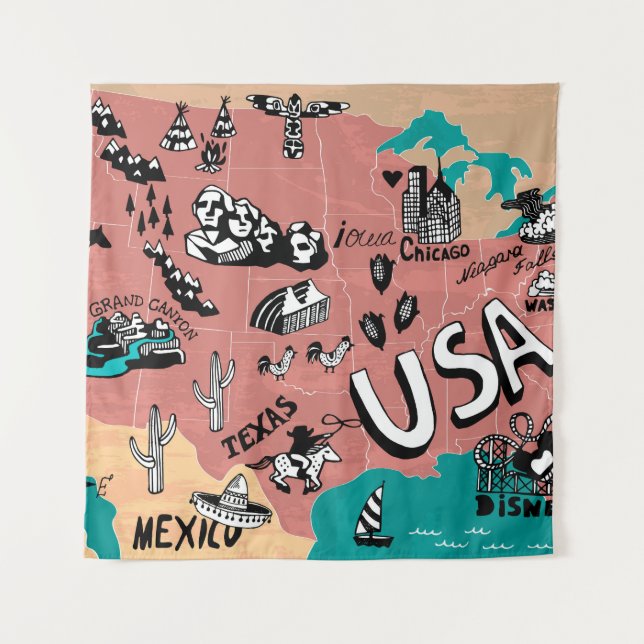 USA Illustrated: Colourful Map Journey. Tapestry (Front)