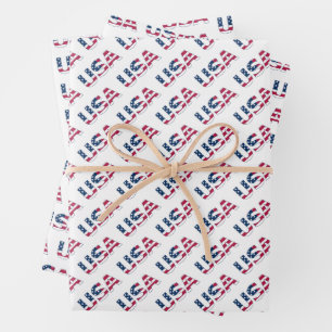 "USA" in Red White and Blue American Flag Patterns Wrapping Paper Sheet