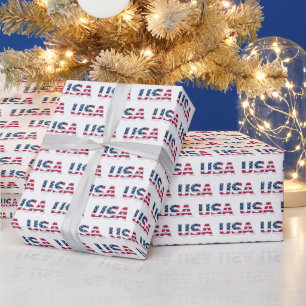 "USA" in Red White and Blue American Flag Stripes Wrapping Paper