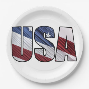 USA in Red White and Blue American Patriotic Flag Paper Plate
