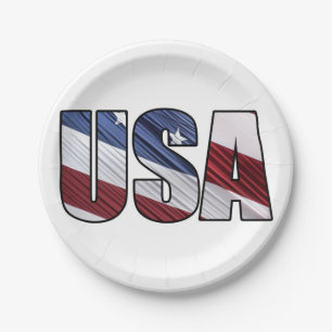 USA in Red White and Blue American Patriotic Flag Paper Plate