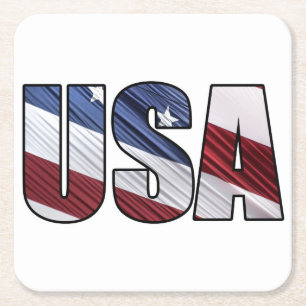 USA in Red White and Blue American Patriotic Flag Square Paper Coaster