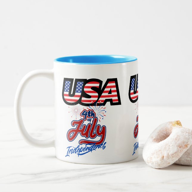 "USA Independence Day Ceramic Mug" Two-Tone Coffee Mug (With Donut)