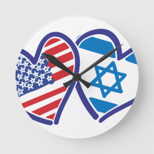 USA Israel Heart Flag Round Clock