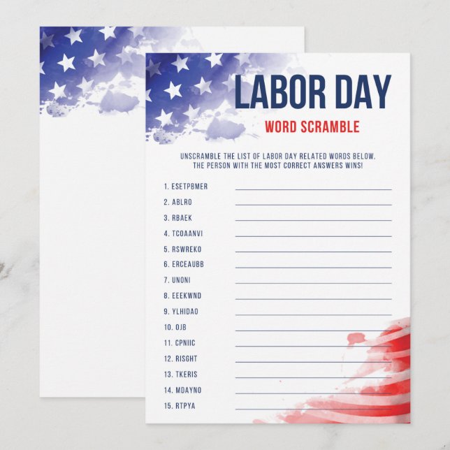 USA Labour Day Game For Kids Word Scramble (Front/Back)