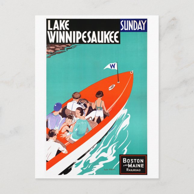 USA Lake Winnipesaukee Restored Vintage Poster Postcard (Front)