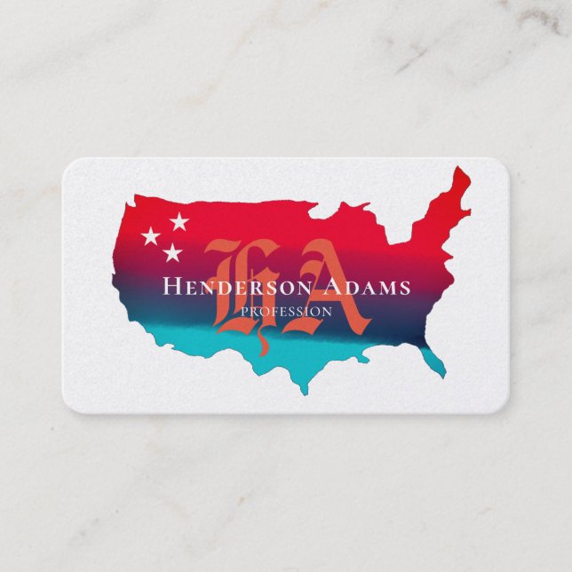 USA Map Blue Red Ribbons Stars Monogram Business Card (Front)