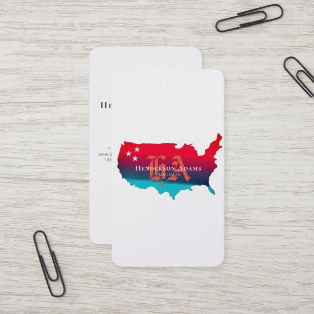 USA Map Blue Red Ribbons Stars Monogram Vertical Business Card (Front/Back In Situ)