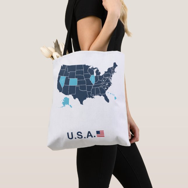 USA Map Engraved Patch Trucker Leather Tote Bag (Close Up)