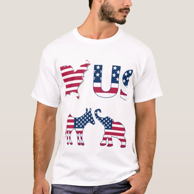 USA Map Flag Donkey & Elephant, Red White & Blue T-Shirt (Front)