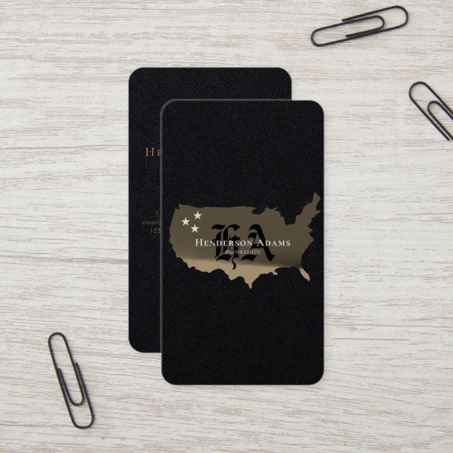  USA Map Gold Black Stars Monogram Vertical Business Card (Front/Back In Situ)
