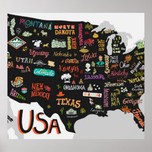USA Map: Illustrated Poster