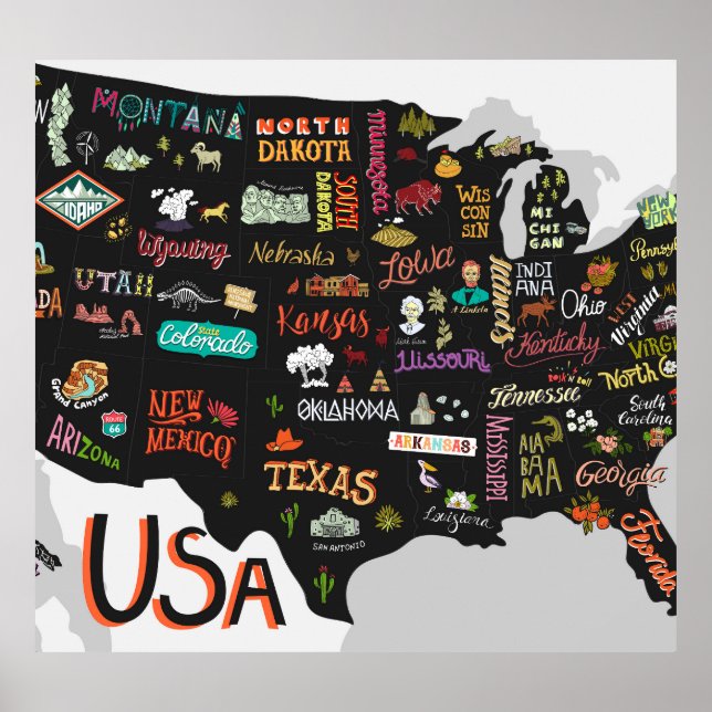 USA Map: Illustrated Poster (Front)