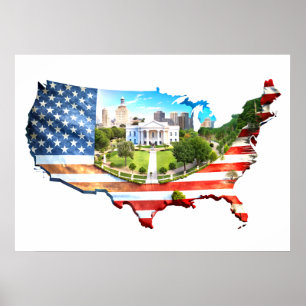 USA Map Outlined Flag  Poster
