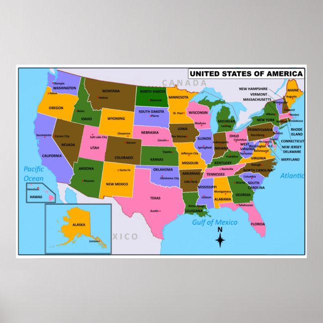 USA Map with State Capitals Poster (Front)