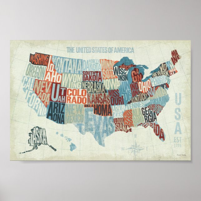 USA Map with States in Words Poster (Front)