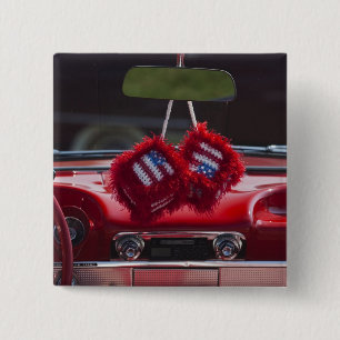 USA, Massachusetts, Gloucester. Fuzzy dice with 15 Cm Square Badge