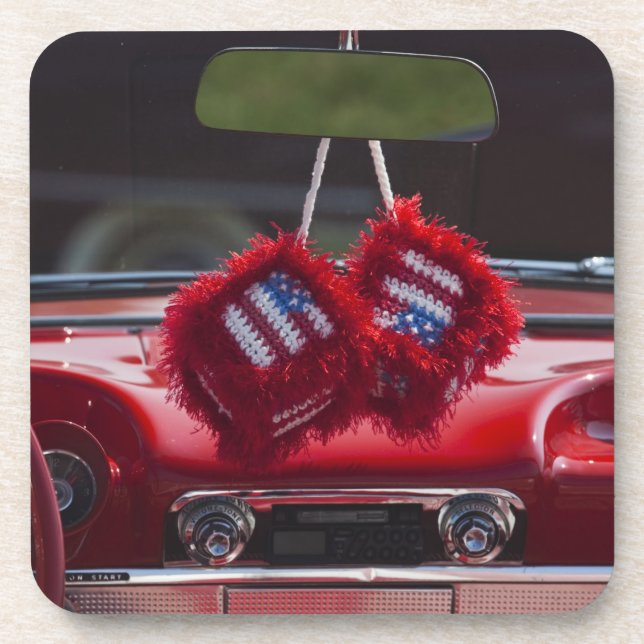 USA, Massachusetts, Gloucester. Fuzzy dice with Coaster (Front)