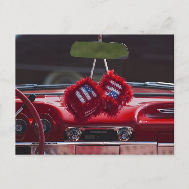 USA, Massachusetts, Gloucester. Fuzzy dice with Postcard (Front)