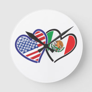 USA Mexico Heart Flags Round Clock