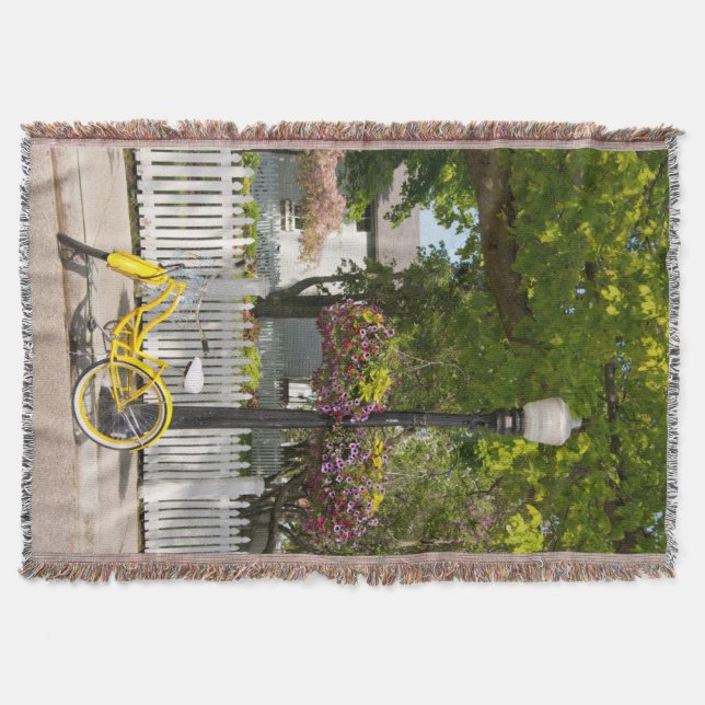 USA, Michigan, Mackinac Island. Yellow Bike Throw Blanket (Front)